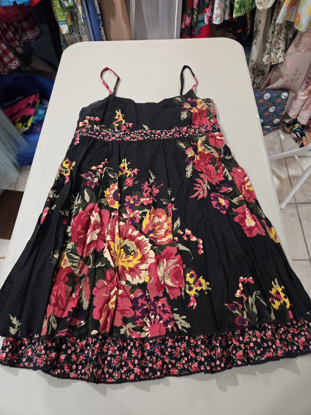 American Rag Black Mini Dress with Pink & Yellow Floral Print